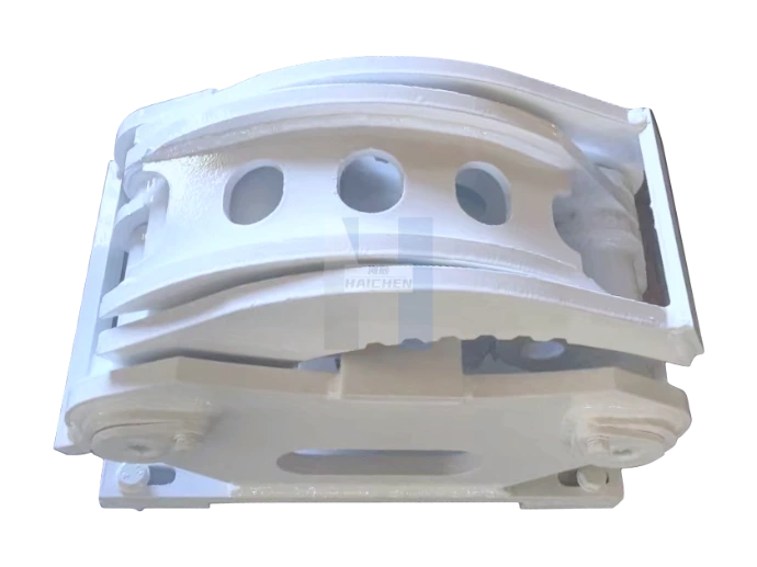 Breaker rear-mounted clamp attachment for wooden post handling, compatible with hydraulic breaker system