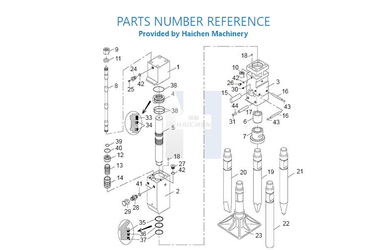 detailed hydraulic breaker parts diagram with labeled part numbers for quick identification and spare parts ordering