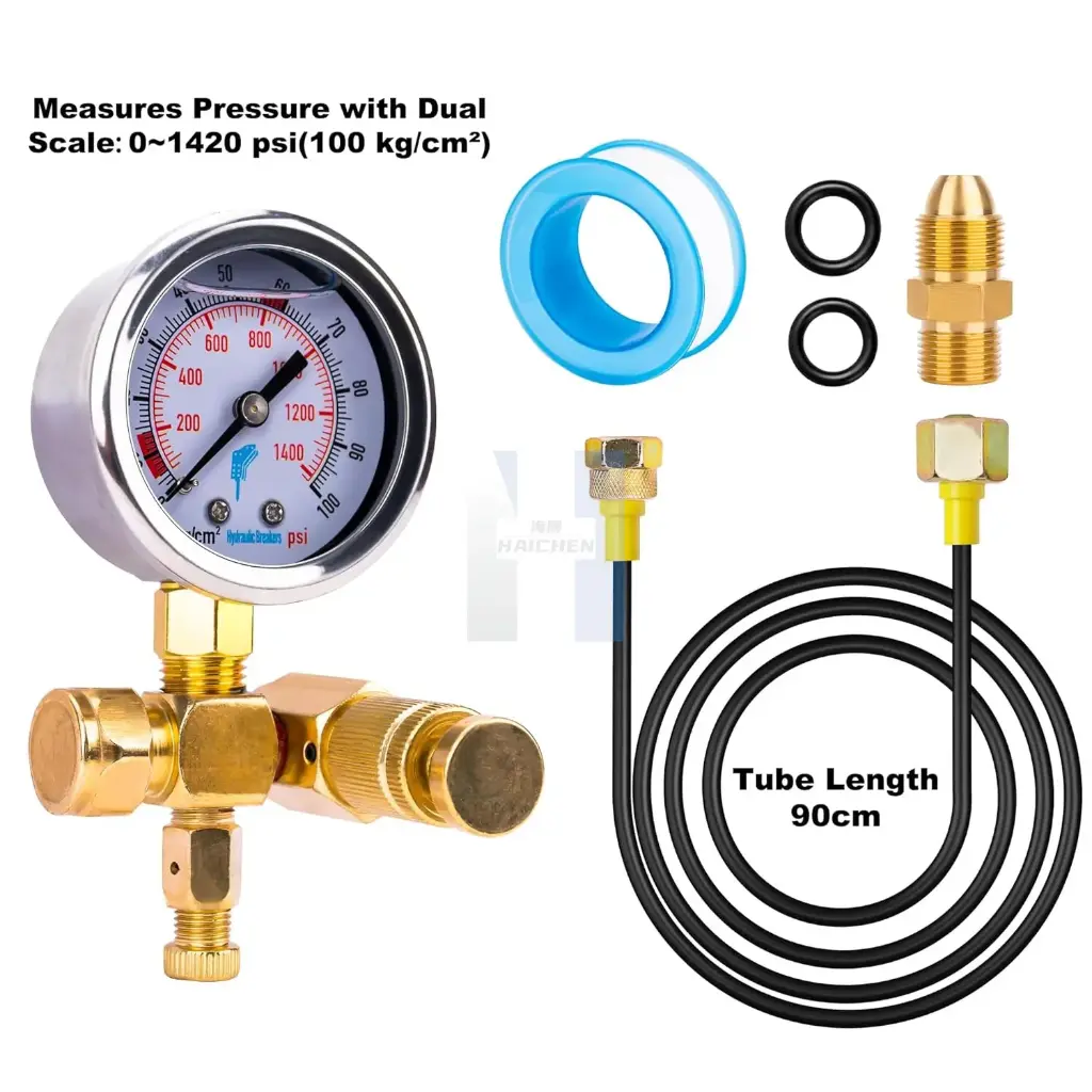 Nitrogen Charging Gauge for Hydraulic Breakers – Direct Valve / DAEMO / Krupp / NPK (Standard Model Small Dial)